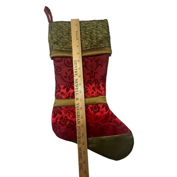 Vintage Satin Christmas Stocking Red Green Holiday Embroidered Damask Victorian - Picture 3 of 5